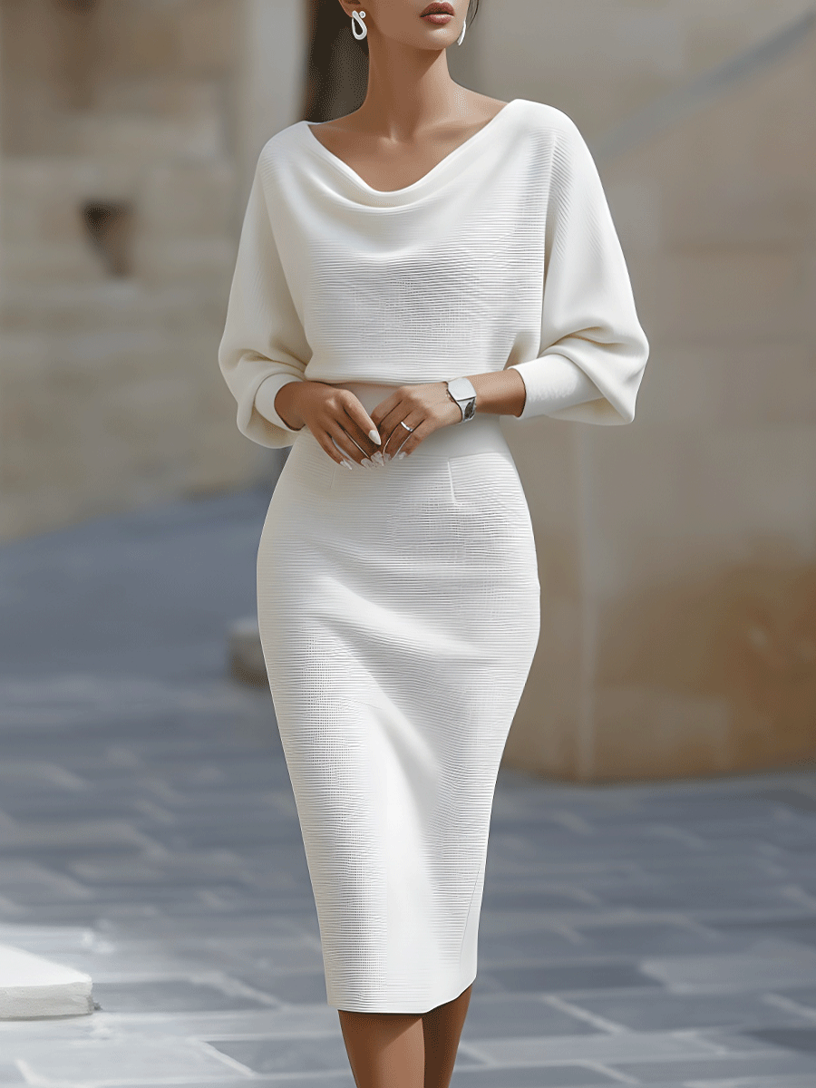 Classic White Draped Midi Dress