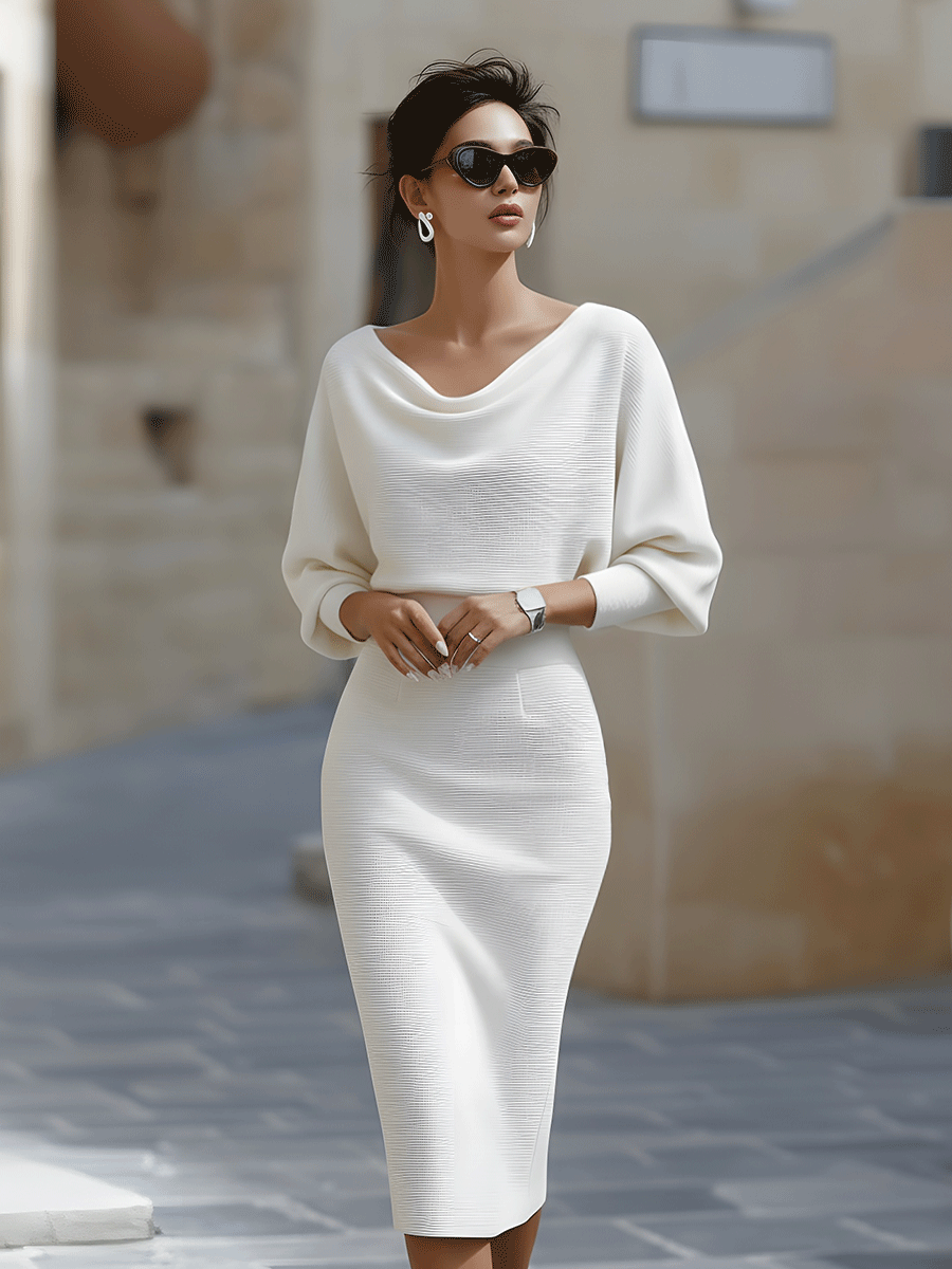 Classic White Draped Midi Dress